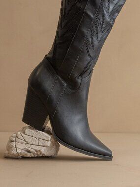 The Bronco Black Knee High Cowboy Western Boots Embroidered